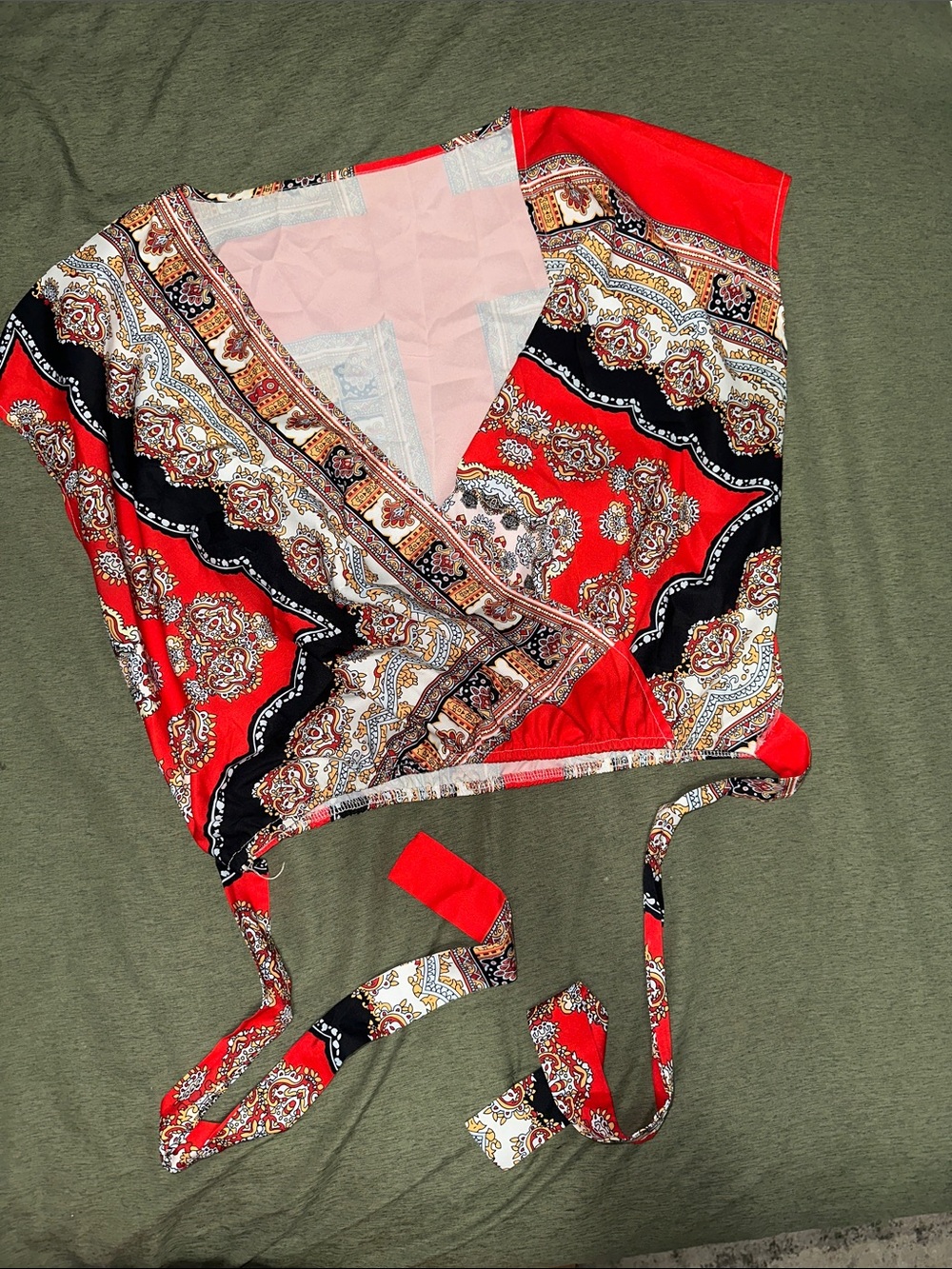 SHEIN Red Black Paisley Wrap Crop Top
